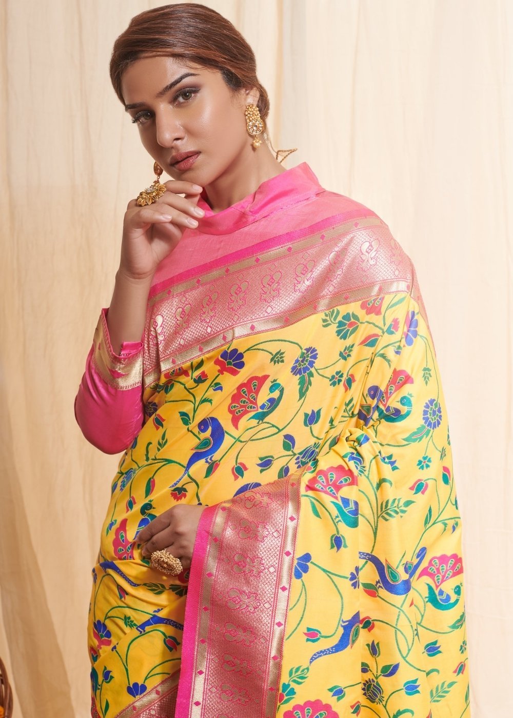 Buy MySilkLove Tulip Yellow and Pink Zari Woven Paithani Saree Online