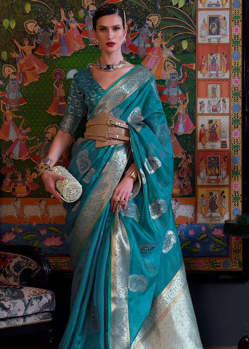 Buy MySilkLove Metallic Seaweed Blue Woven Banarasi Organza Silk Saree Online