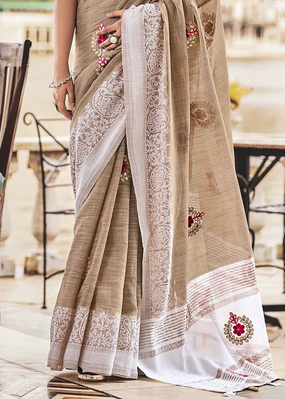 Buy MySilkLove Khaki Light Brown Zari Woven Soft Linen Silk Saree Online