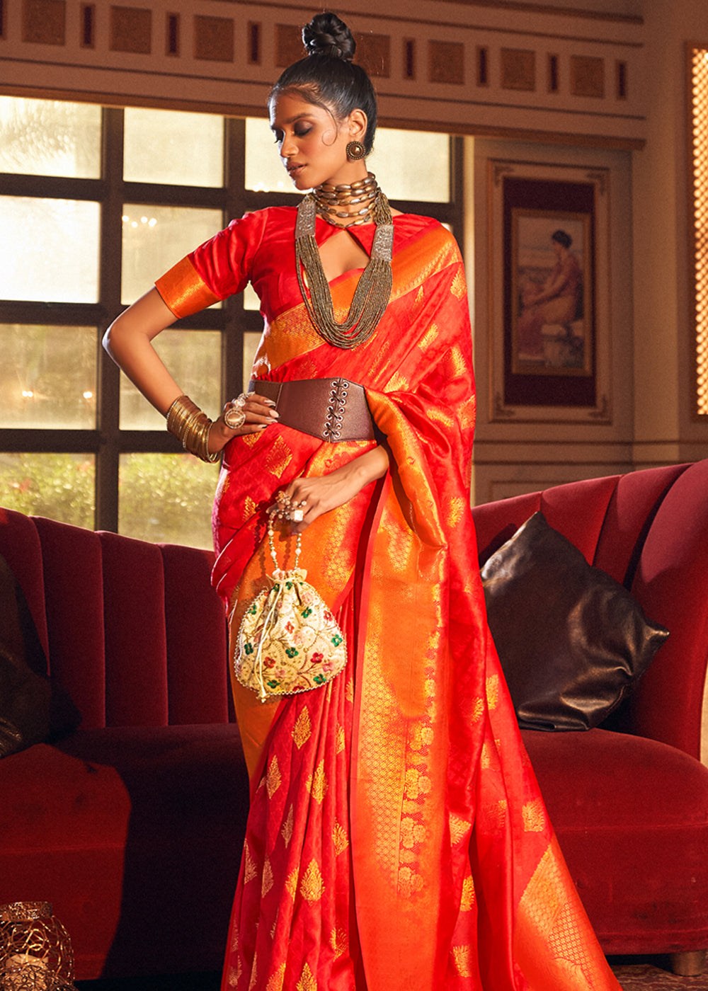 Buy MySilkLove Coral Orange Woven Banarasi Silk Saree Online