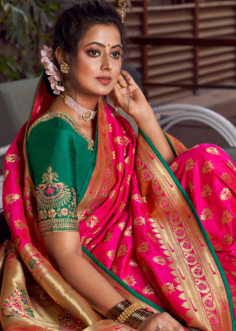 Buy MySilkLove Deep Pink and Green Zari Woven Banarasi Brocade Saree Online