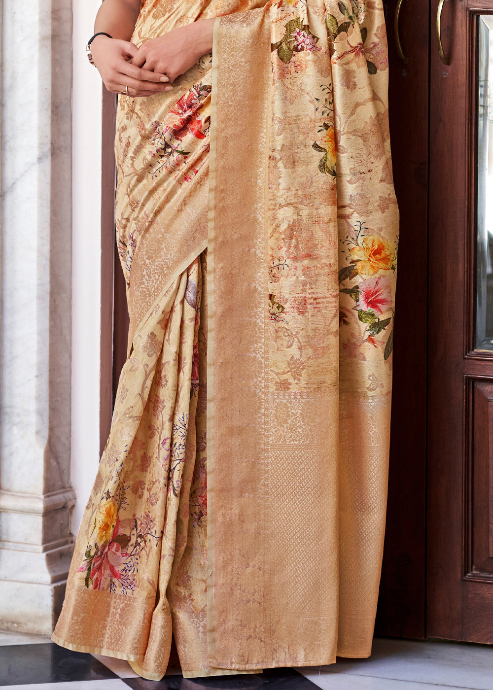 Buy MySilkLove Tan Cream Zari Woven Floral Banarasi Saree Online