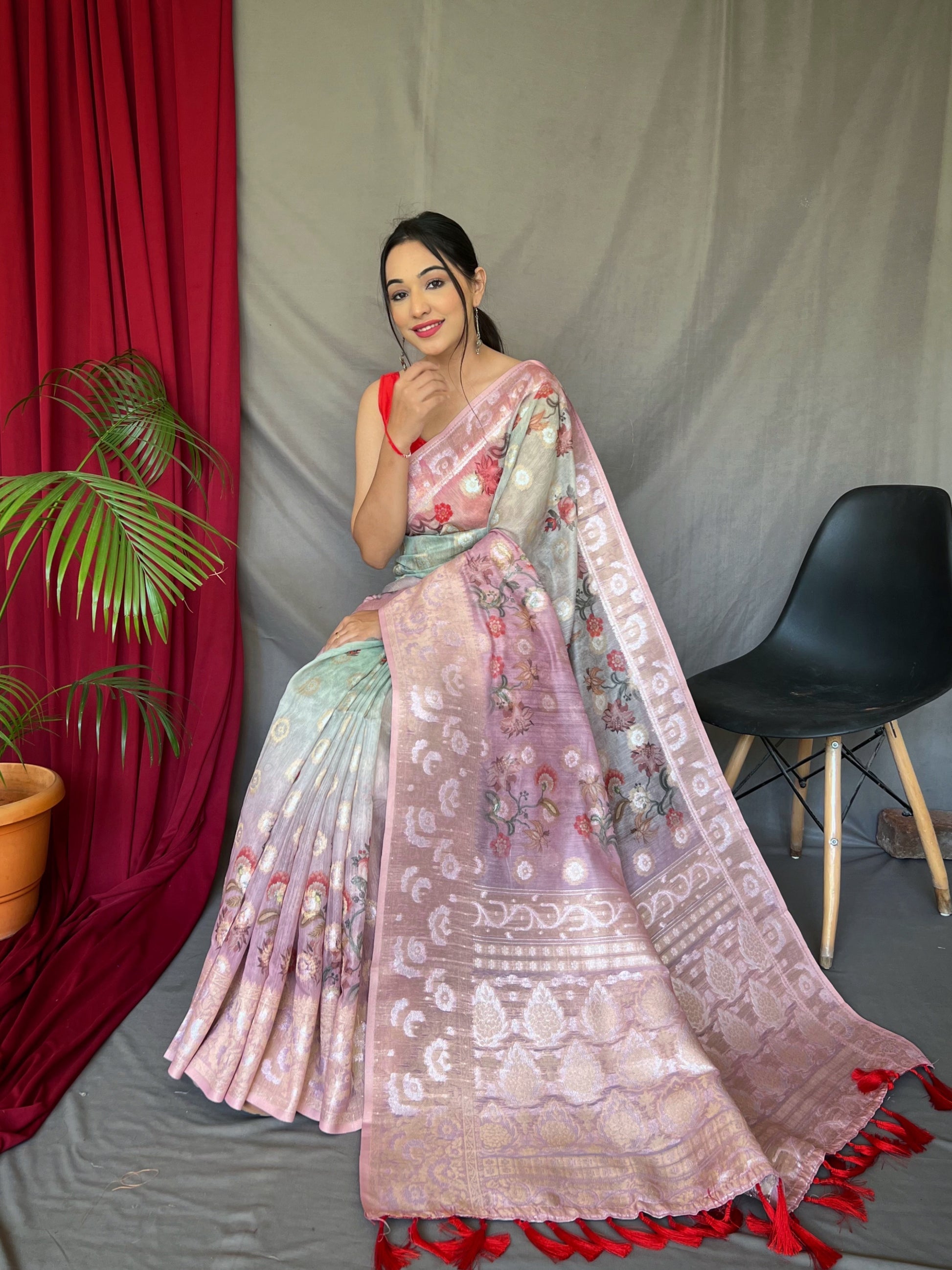 Buy MySilkLove Sheen Green Banarasi Dual Tone Floral Printed Silk Saree Online