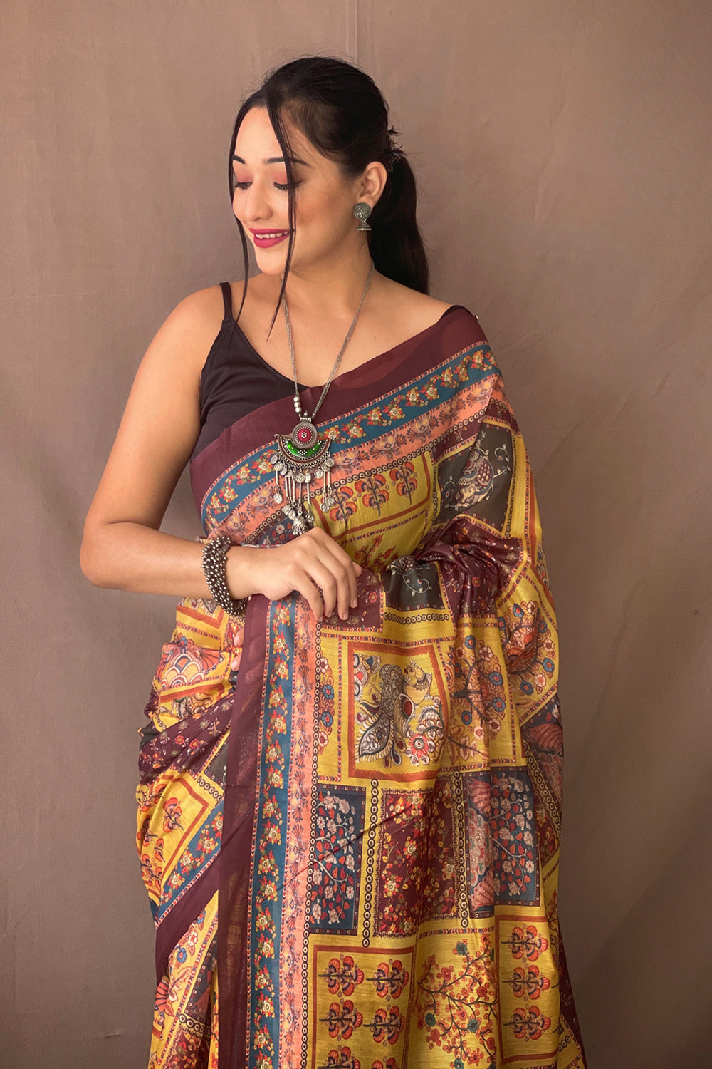 Buy MySilkLove Vis Yellow Kalamkari Saree Online