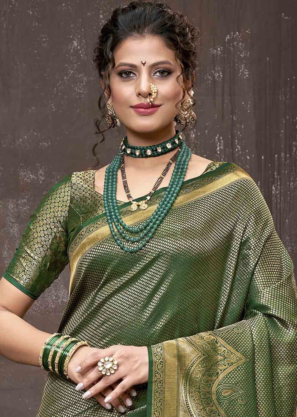 Buy MySilkLove Siam Green Zari Woven Tissue Kanjivaram Saree Online