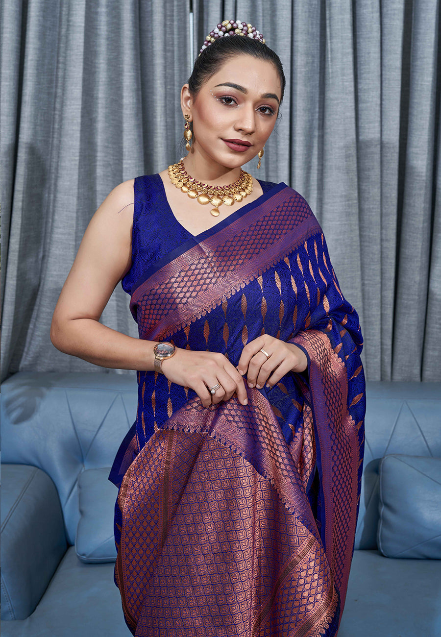 Buy MySilkLove Bay Of Many Blue Woven Banarasi Silk Saree Online