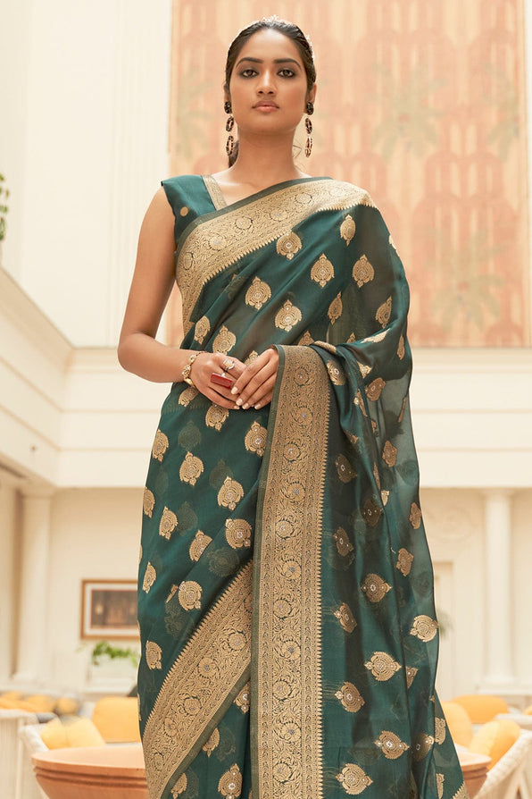 Buy MySilkLove Mineral Green Zari Woven Organza Silk Saree Online