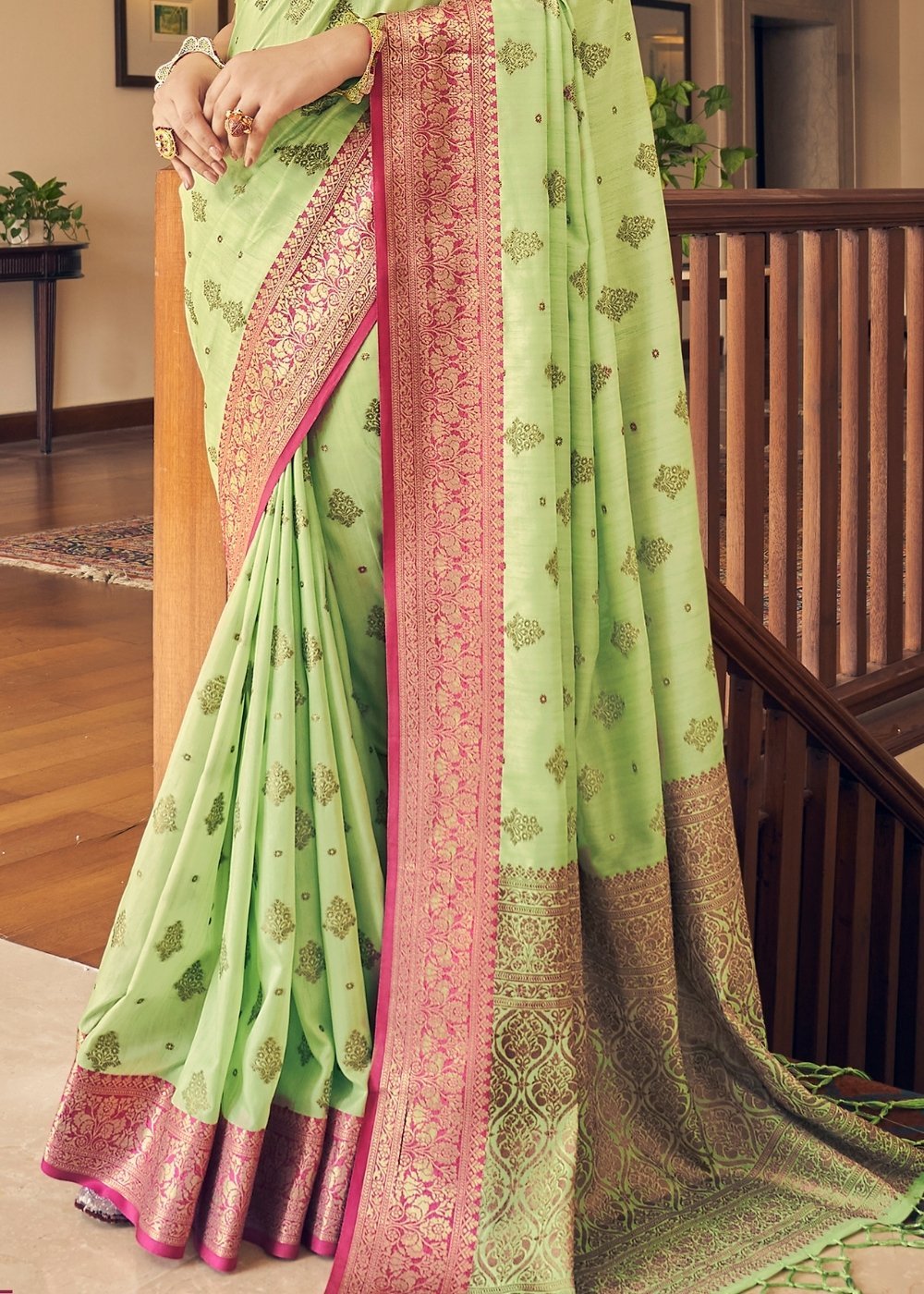 Buy MySilkLove Wild Willow Green Tussar Banarasi Silk Saree Online