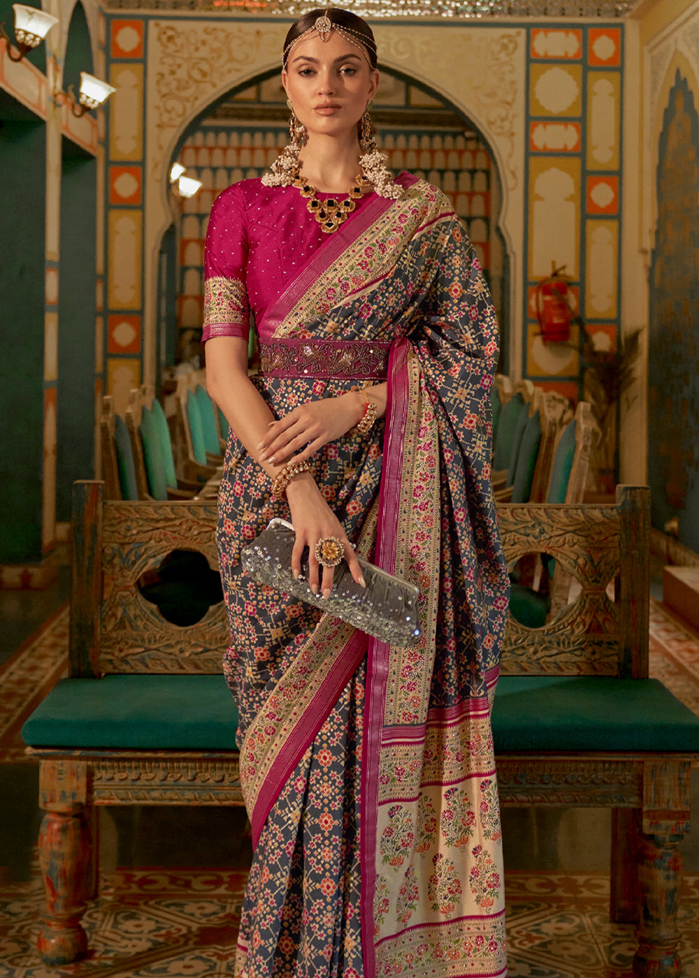 MySilkLove Pine Cone Grey and Maroon Woven Patola Silk Saree