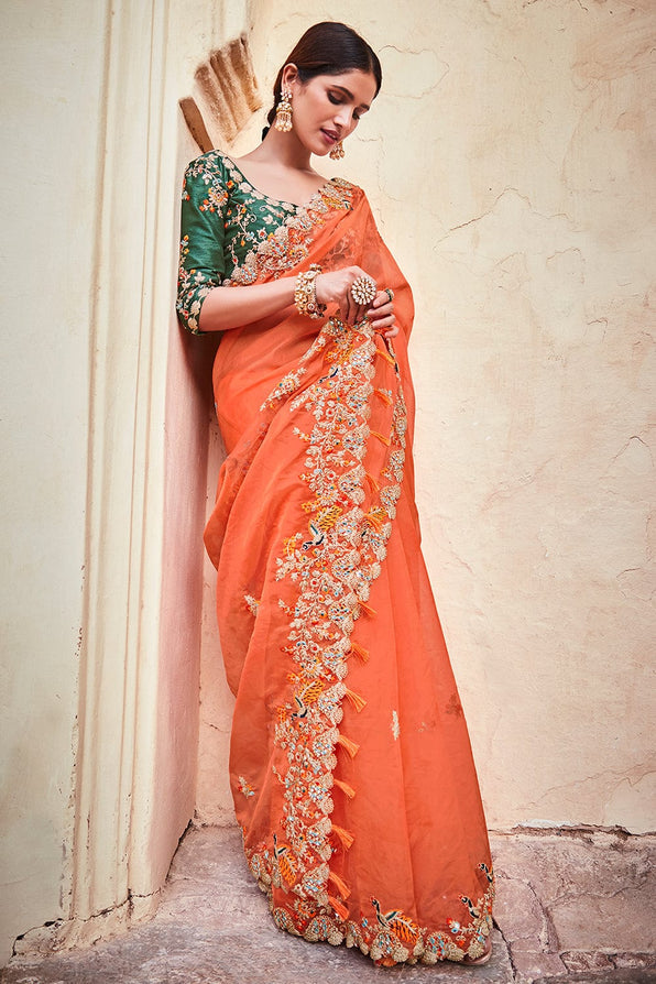 Buy MySilkLove Flamingo Orange and Green Organza Saree Online