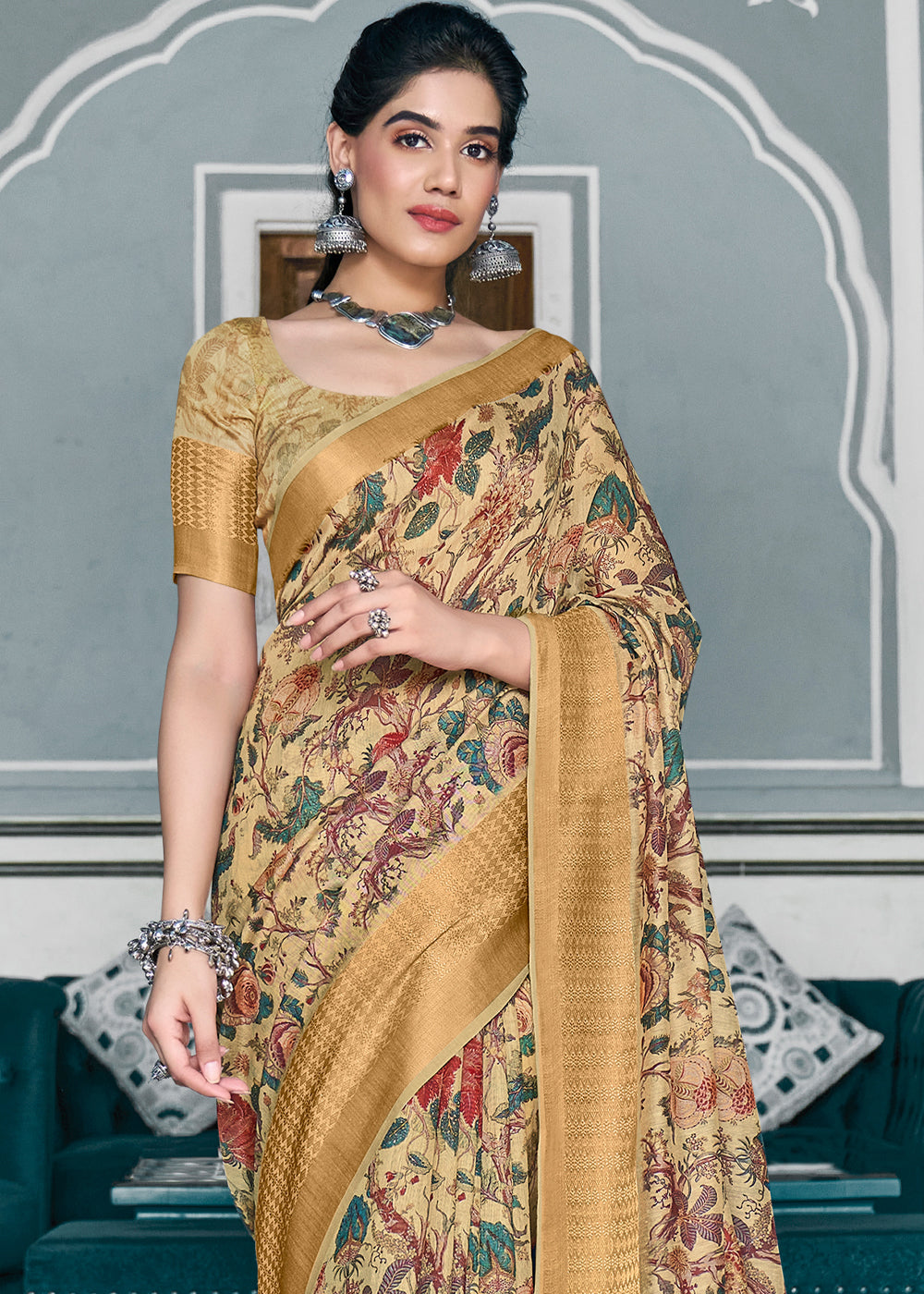 Buy MySilkLove Maize Yellow Banarasi Printed Saree Online