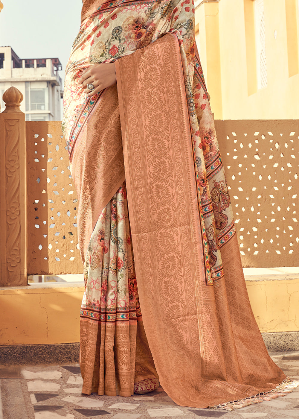 Buy MySilkLove Antique White and Brown Digital Printed Jacquard Silk Saree Online