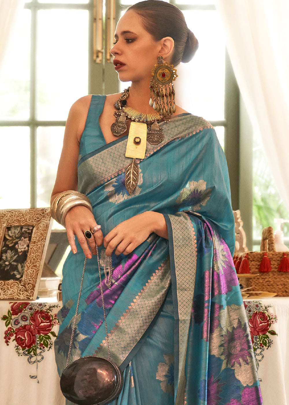 Buy MySilkLove Winter Dream Blue Woven Handloom Banarasi Silk Saree Online