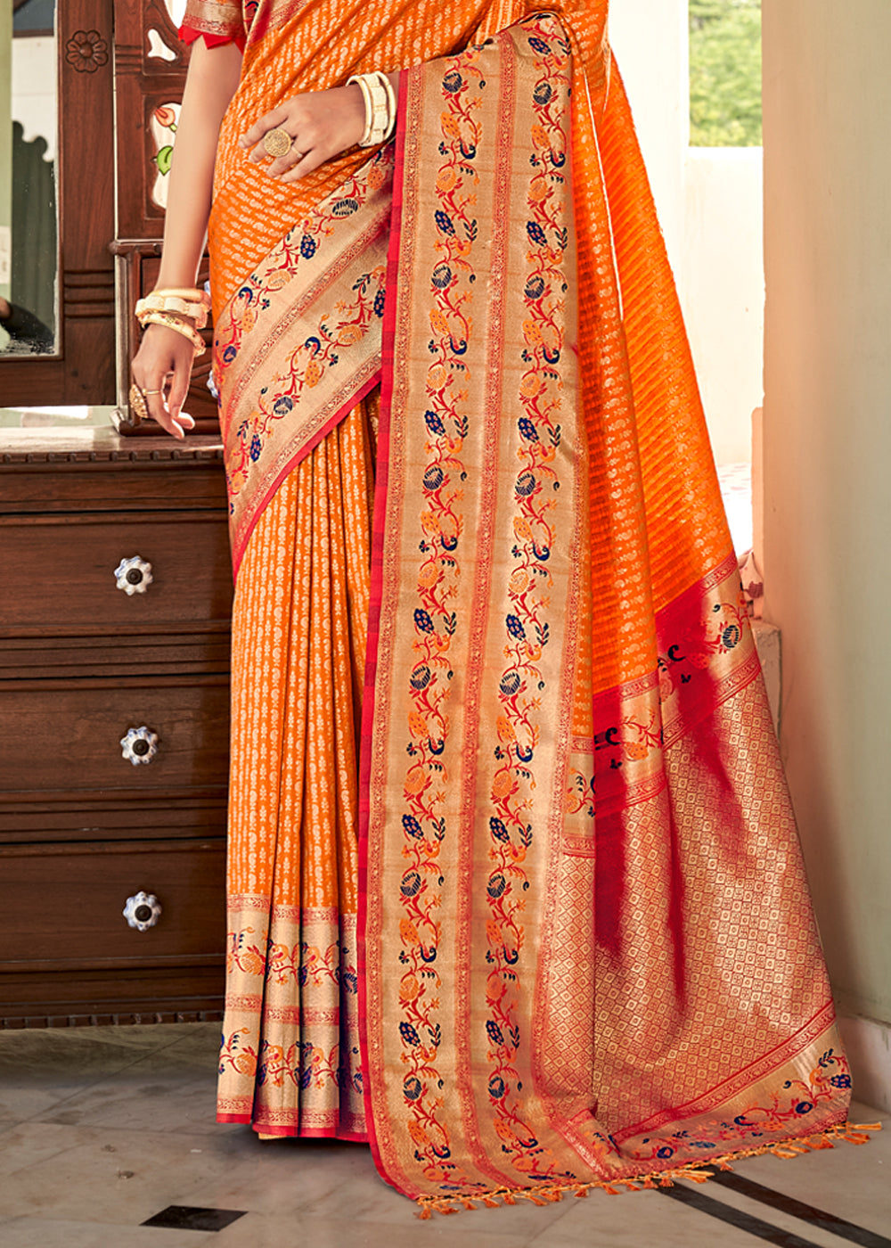 Buy MySilkLove Carrot Orange and Red Zari Woven Banarasi Brocade Saree Online