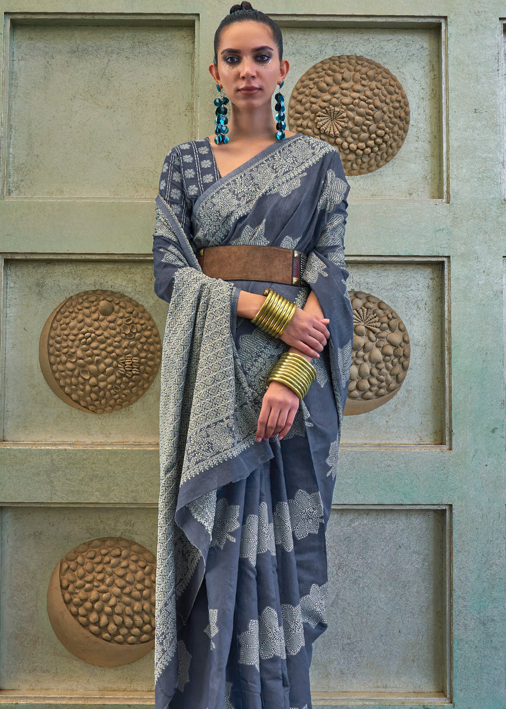 Buy MySilkLove Royal Grey Lucknowi Woven Chikankari Saree Online