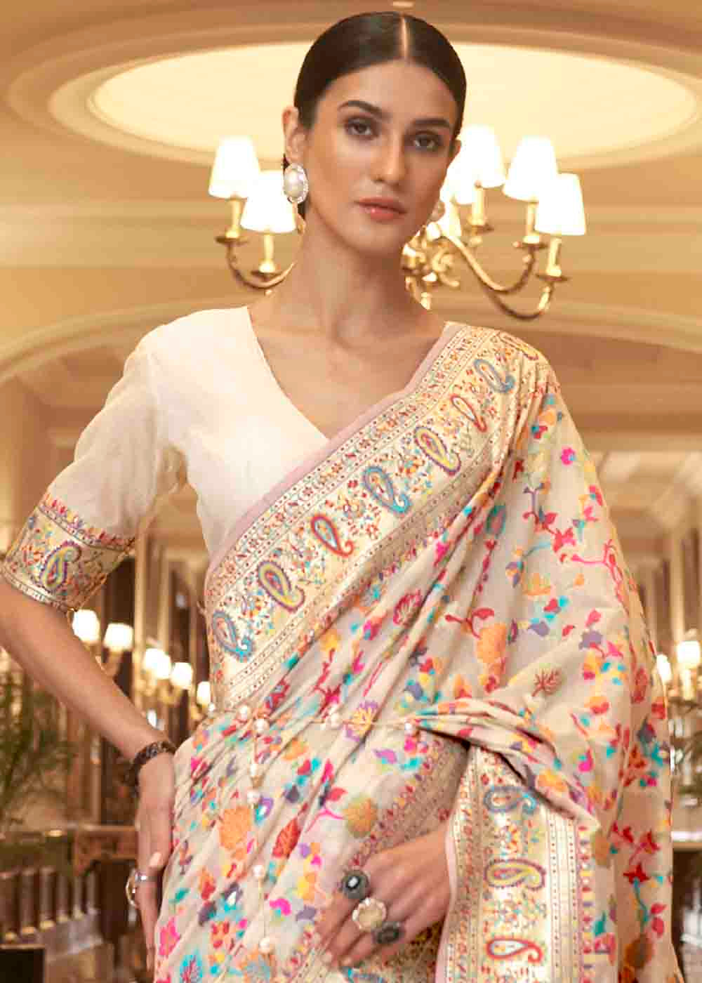 Buy MySilkLove Cashmere Cream Banarasi Jamawar Woven Silk Saree Online