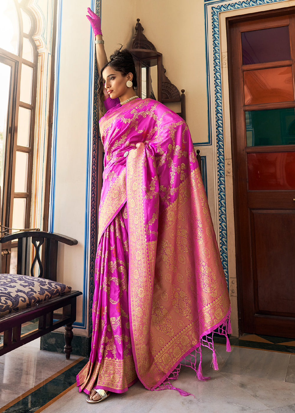 Buy MySilkLove Magenta Pink Zari Woven Dola Silk Saree Online