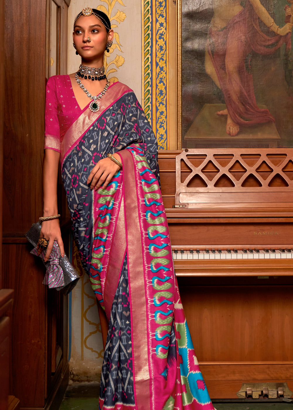 Buy MySilkLove Trout Blue and Pink Patola Silk Saree Online