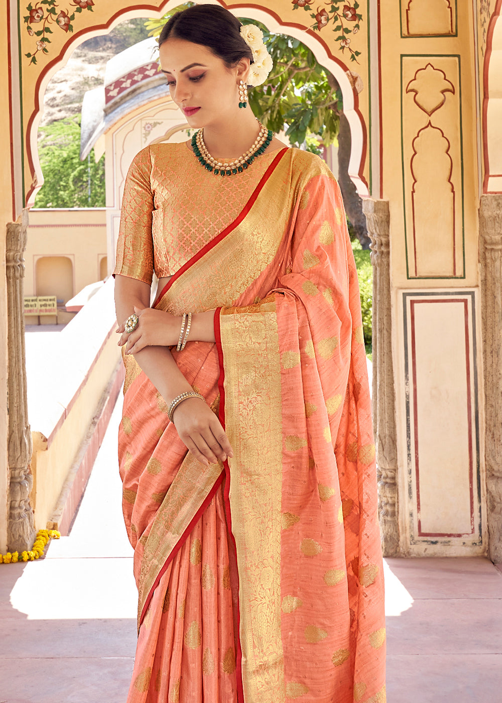 Buy MySilkLove Sienna Peach Zari Woven Banarasi Linen Saree Online