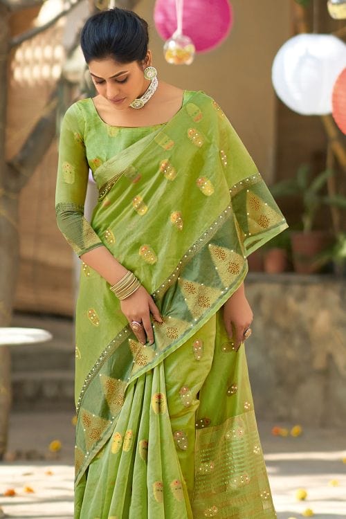 Buy MySilkLove Peridot Green Organza Saree Online