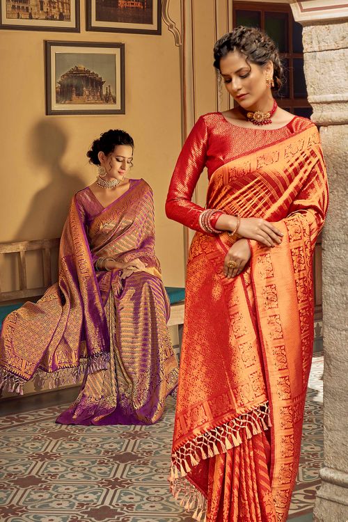 MySilkLove Valencia Red and Orange Zari Woven Tanchui Kanjivaram Fusion Silk Saree