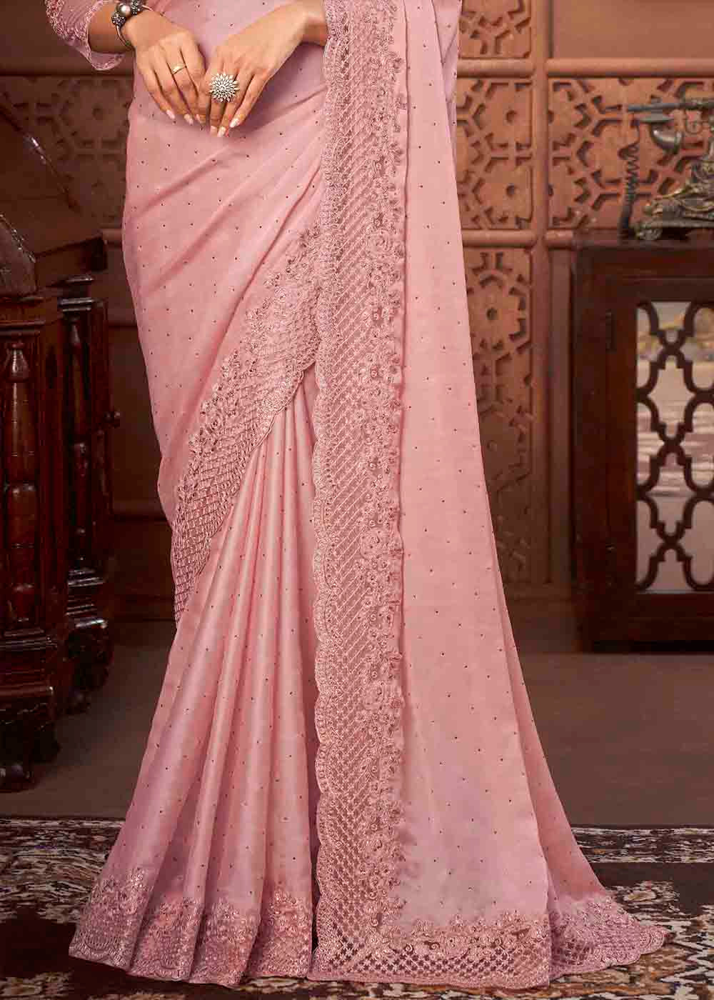 Buy MySilkLove Puce Pink Satin Silk Designer Saree Online