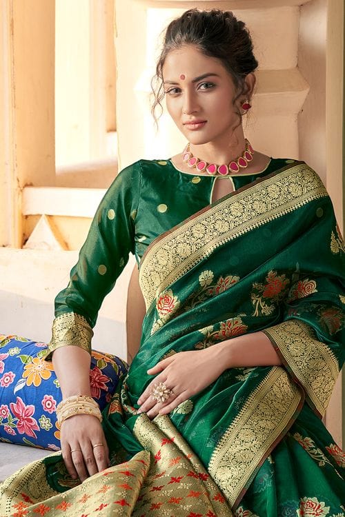 Buy MySilkLove Bush Green Organza Saree Online