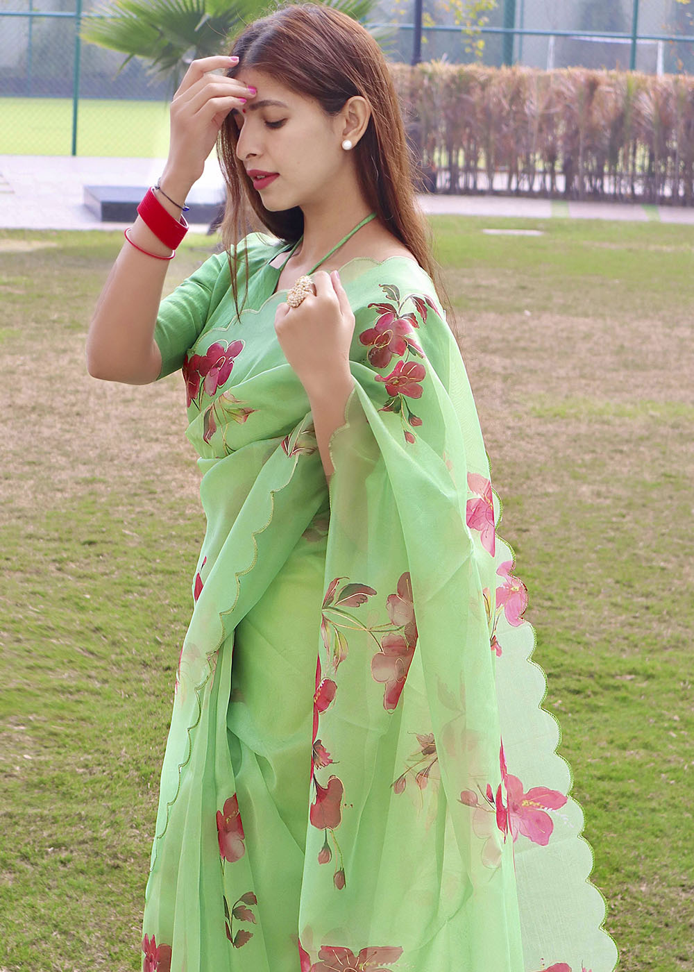 Buy MySilkLove Smith Apple Green Digital Floral Print Organza Saree Online