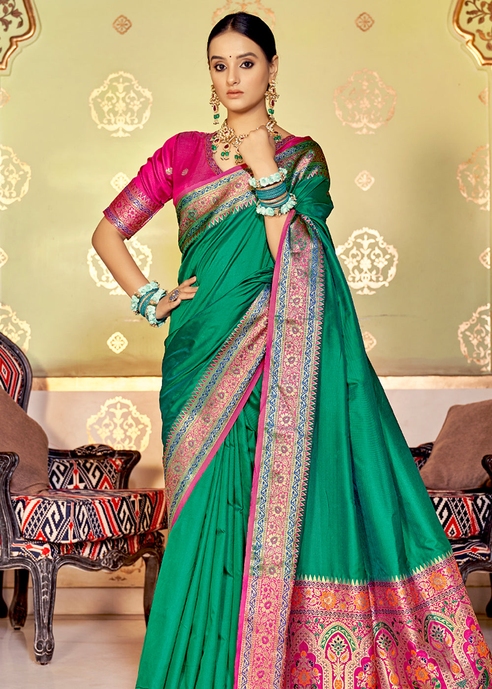 Buy MySilkLove Pine Green and Pink Zari Woven Banarasi Soft Silk Saree Online