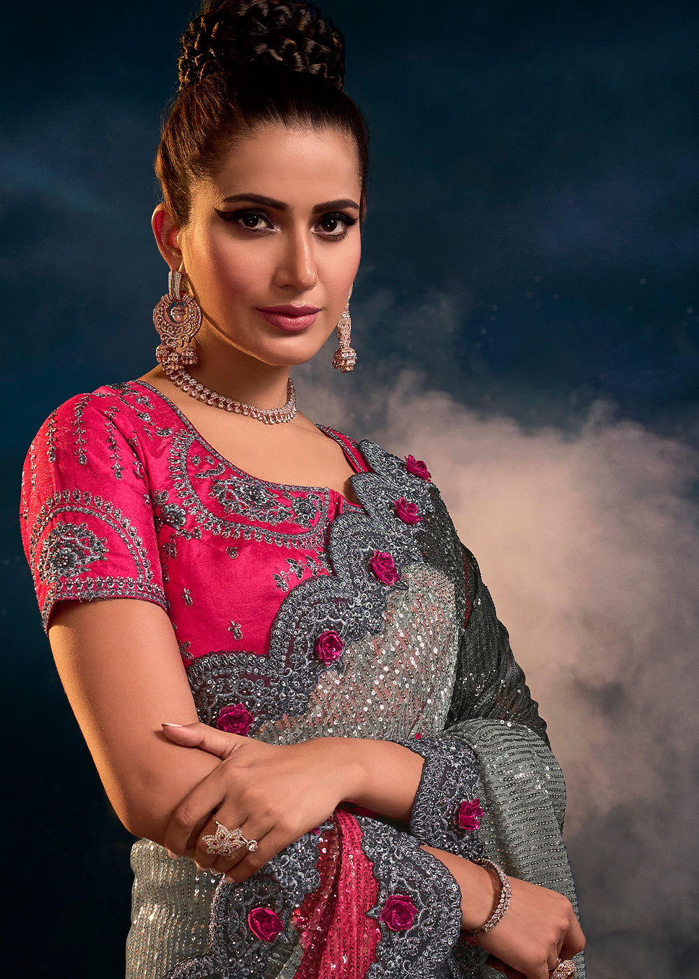 Buy MySilkLove Makara Grey and Pink Designer Silk Saree Online