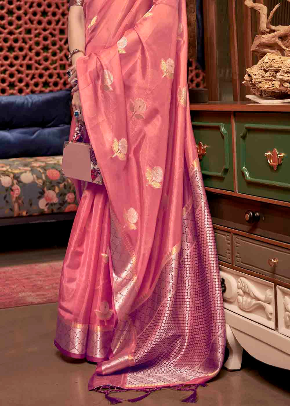 Buy MySilkLove Froly Pink Zari Woven Two Tone Organza Saree Online