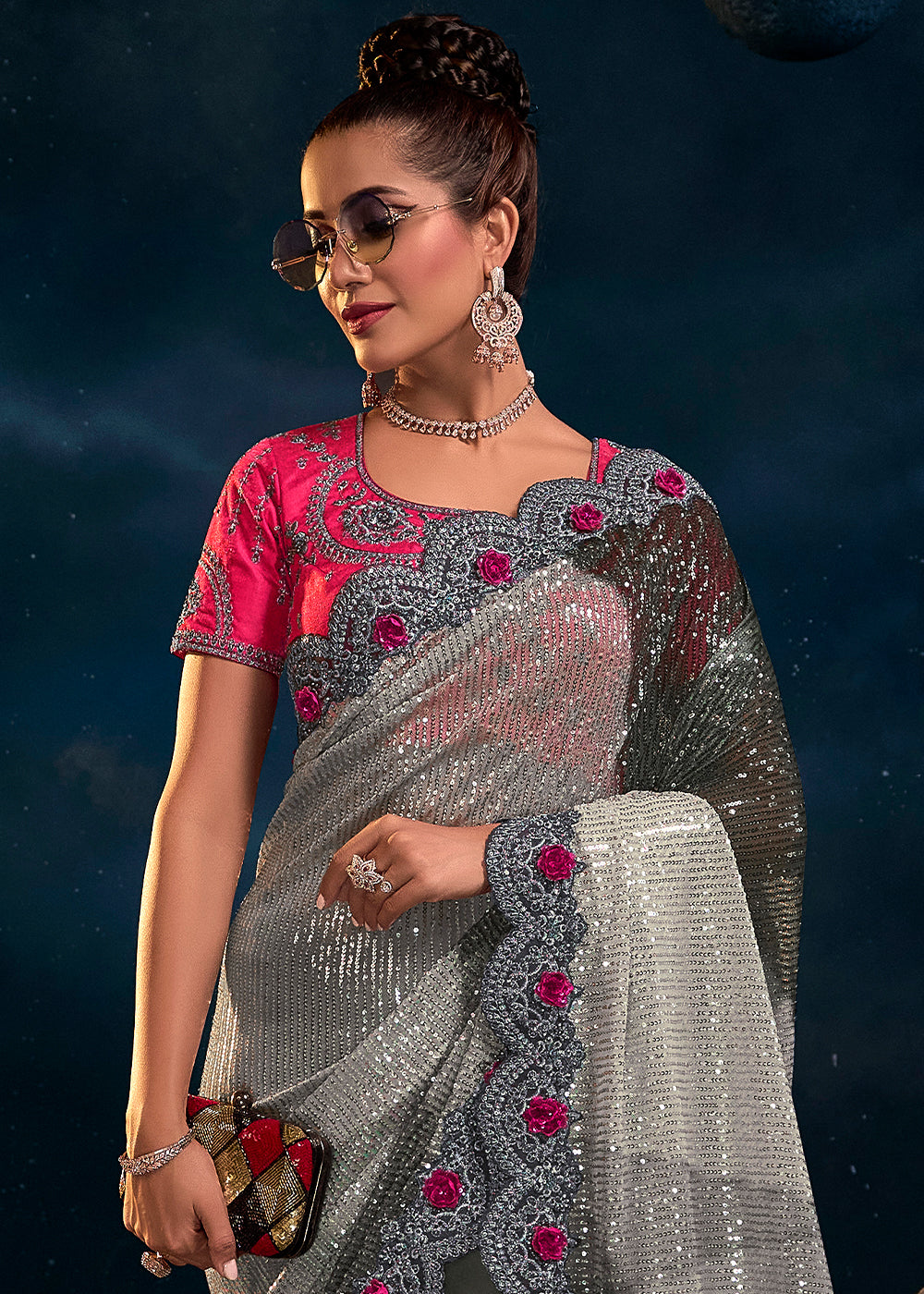 Buy MySilkLove Makara Grey and Pink Designer Silk Saree Online