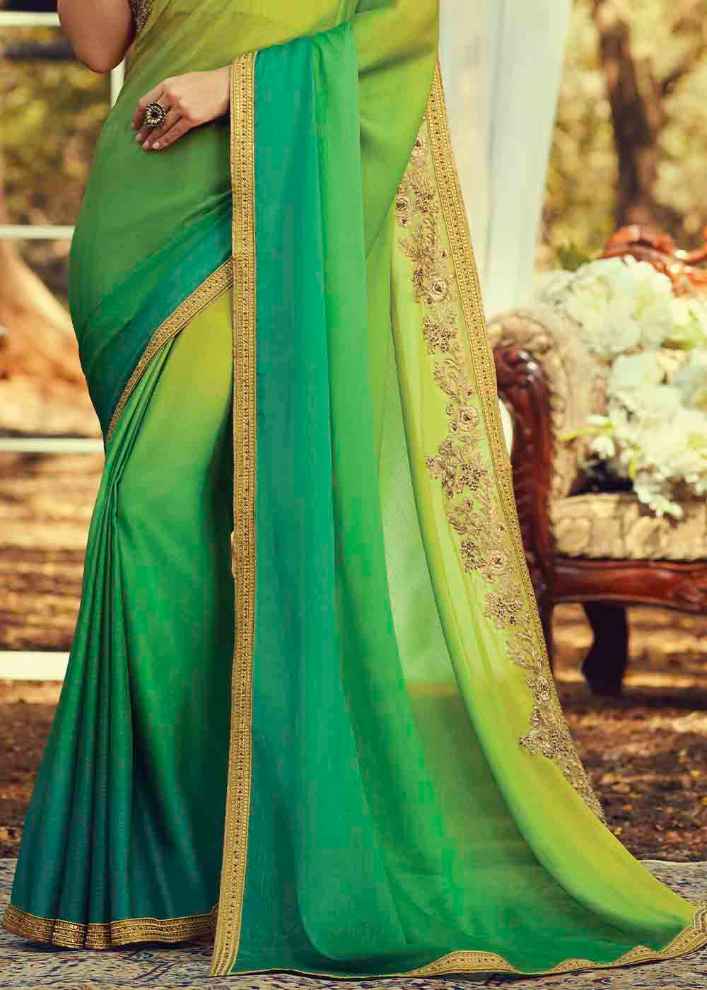 Buy MySilkLove Fern Green and Yellow Embroidered Designer Saree Online