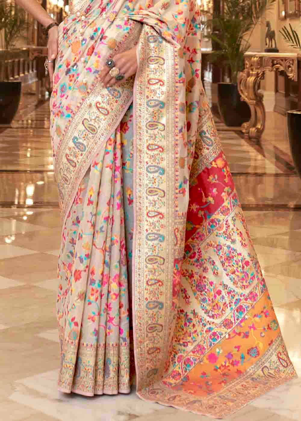 Buy MySilkLove Cashmere Cream Banarasi Jamawar Woven Silk Saree Online