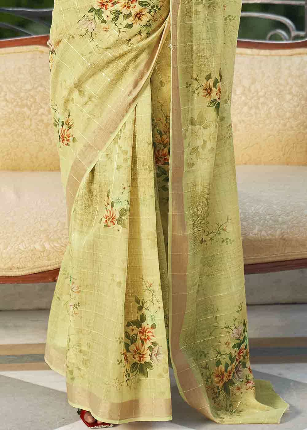 Buy MySilkLove Double Greenish Yellow Digital Floral Printed Saree Online