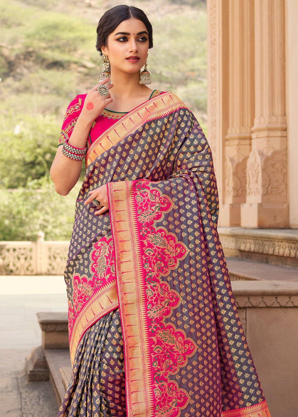 Buy MySilkLove Spicy Purple and Pink Zari Woven Banarasi Saree with Designer Blouse Online