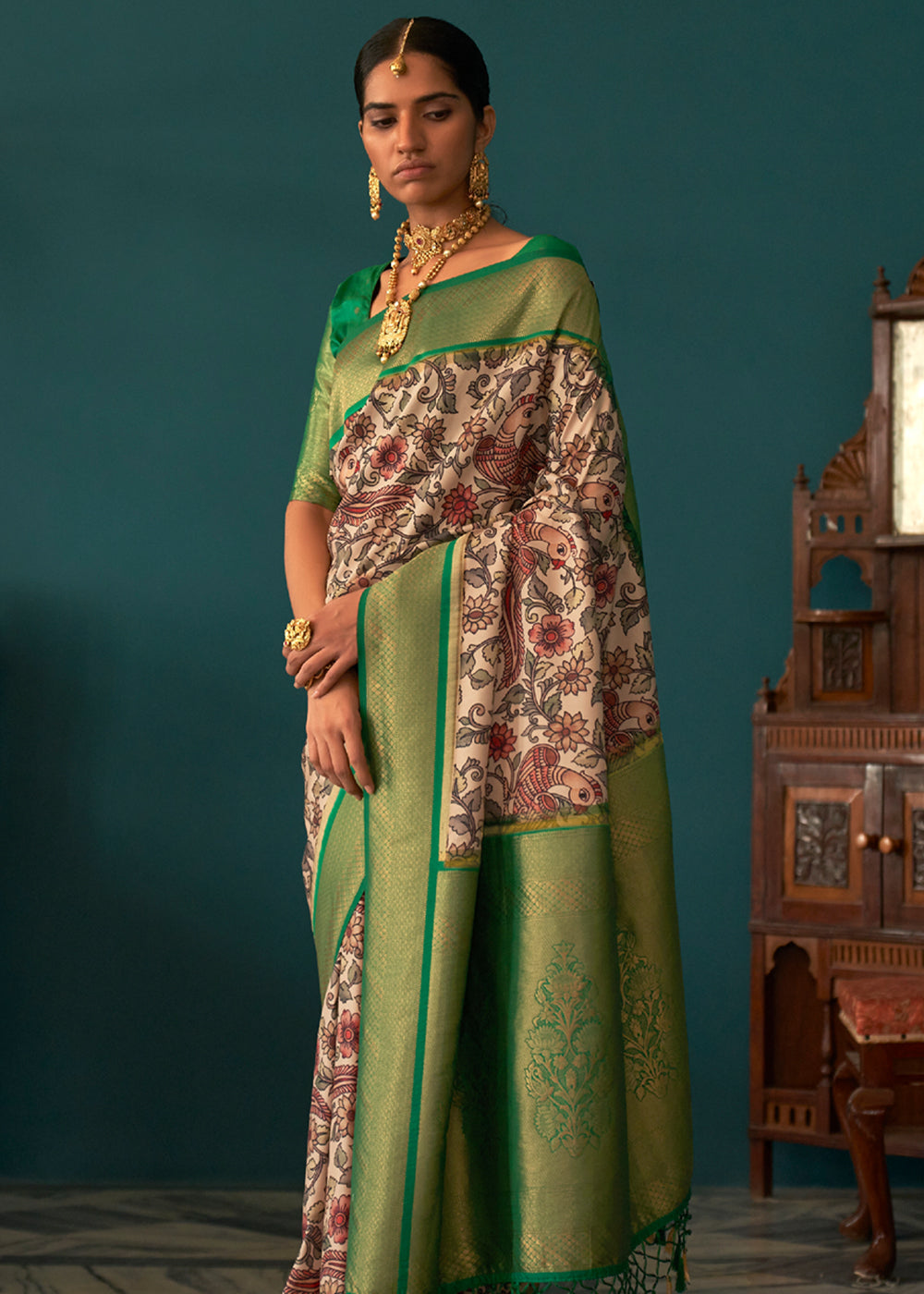 Buy MySilkLove Hippie Green and White Woven Banarasi Tussar Silk Kalamkari Saree Online