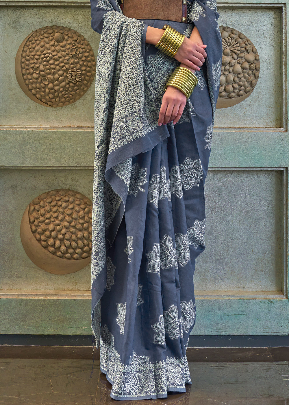 Buy MySilkLove Royal Grey Lucknowi Woven Chikankari Saree Online