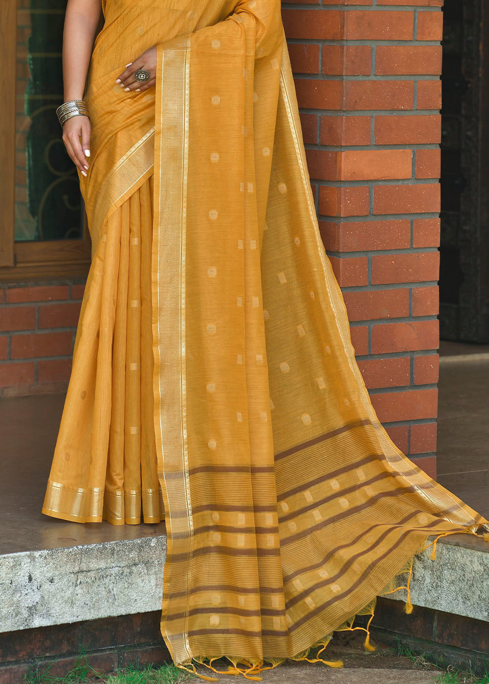 Buy MySilkLove Salomie Yellow Zari Woven Cotton Saree Online