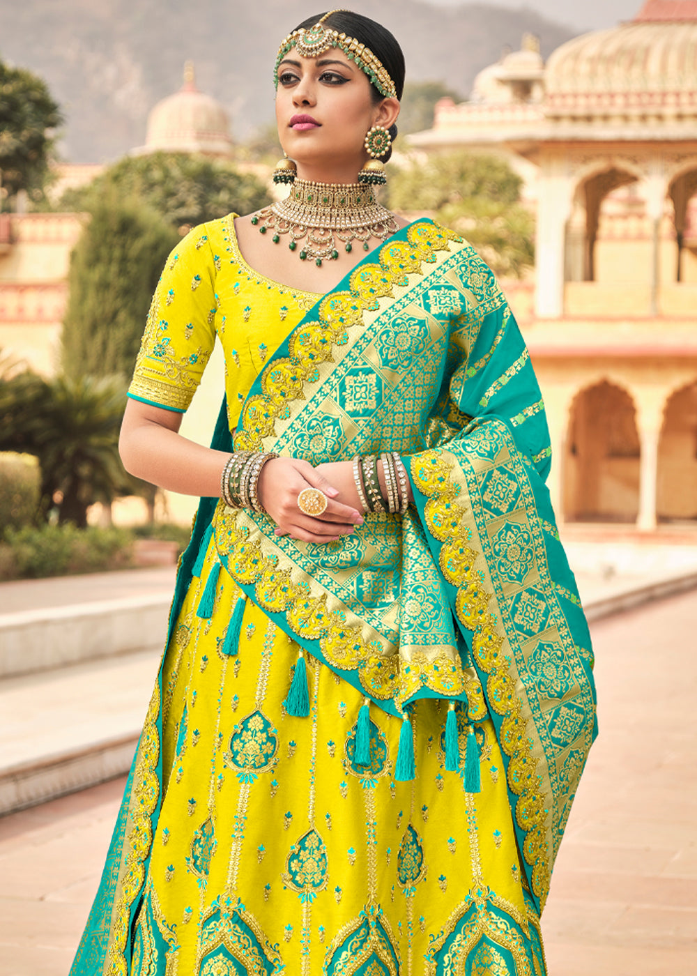 MySilkLove Lemon Yellow and Blue Heavy Designer Embroidered Lehenga