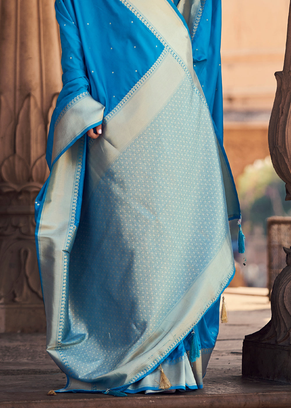 Buy MySilkLove Cerulean Blue Woven Banarasi Satin Silk Saree Online