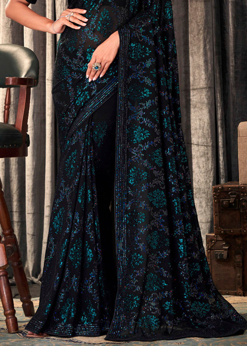 Buy MySilkLove Spectra Black and Green Sequins Embroidered Designer Georgette Saree Online