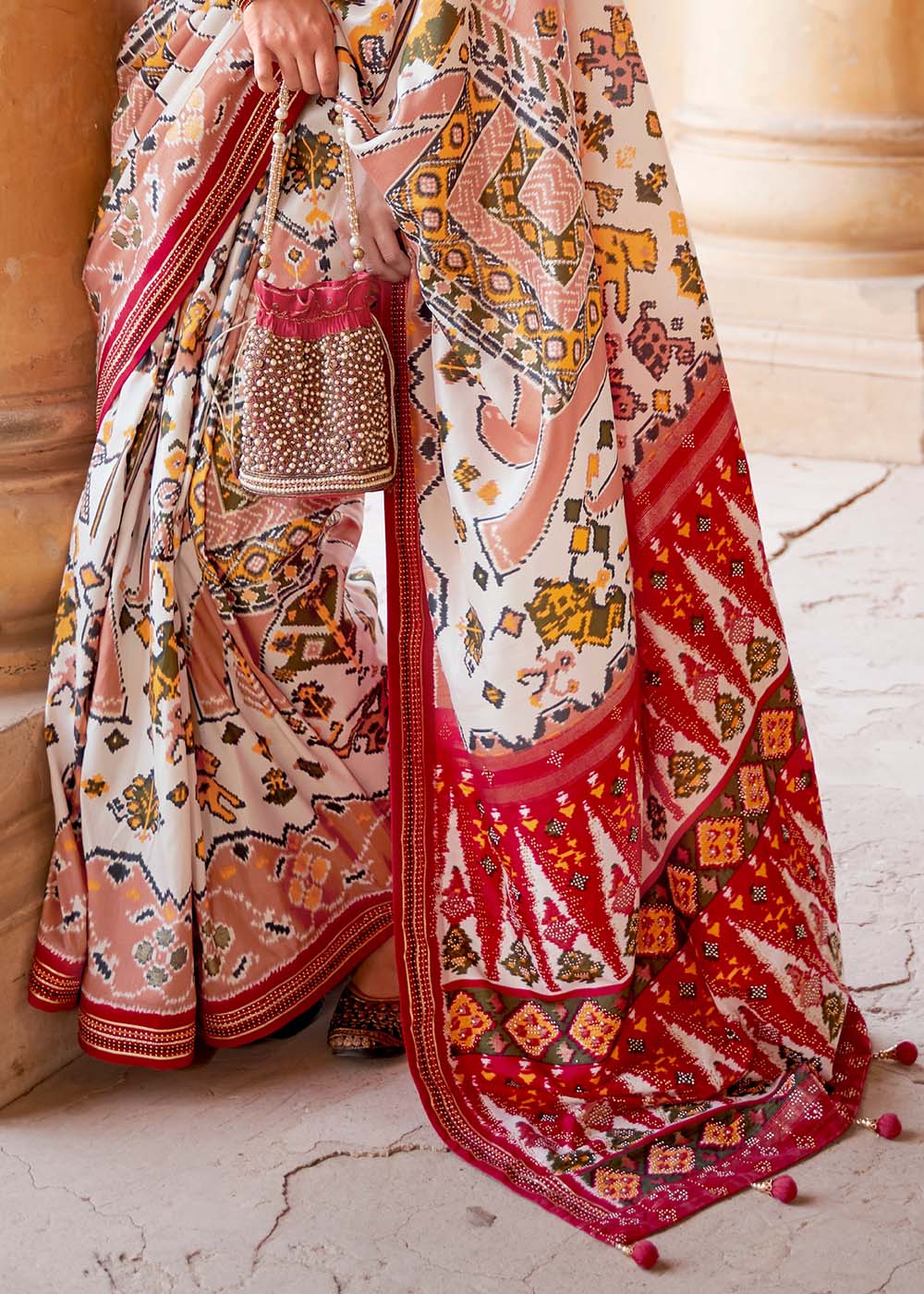 Buy MySilkLove Sisal White and Red Printed Patola Saree Online