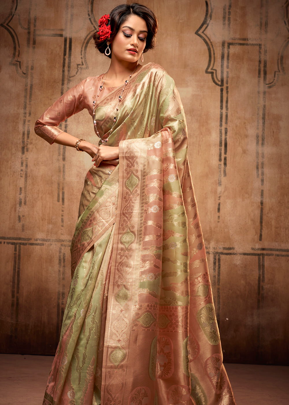 Buy MySilkLove Barley Green and Peach Zari Woven Banarasi Organza Saree Online