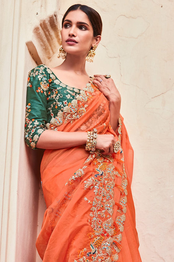 Buy MySilkLove Flamingo Orange and Green Organza Saree Online