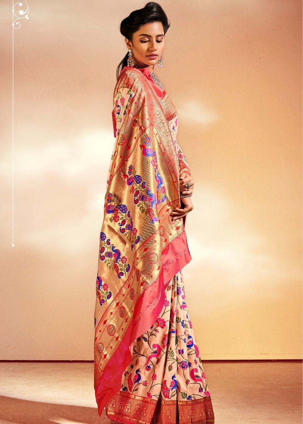 Buy MySilkLove Rose Bud Pink Zari Woven Banarasi Paithani Fusion Saree Online