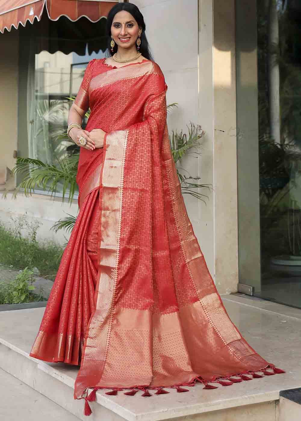 Buy MySilkLove Mojo Red Zari Woven Banarasi Soft Silk Saree Online