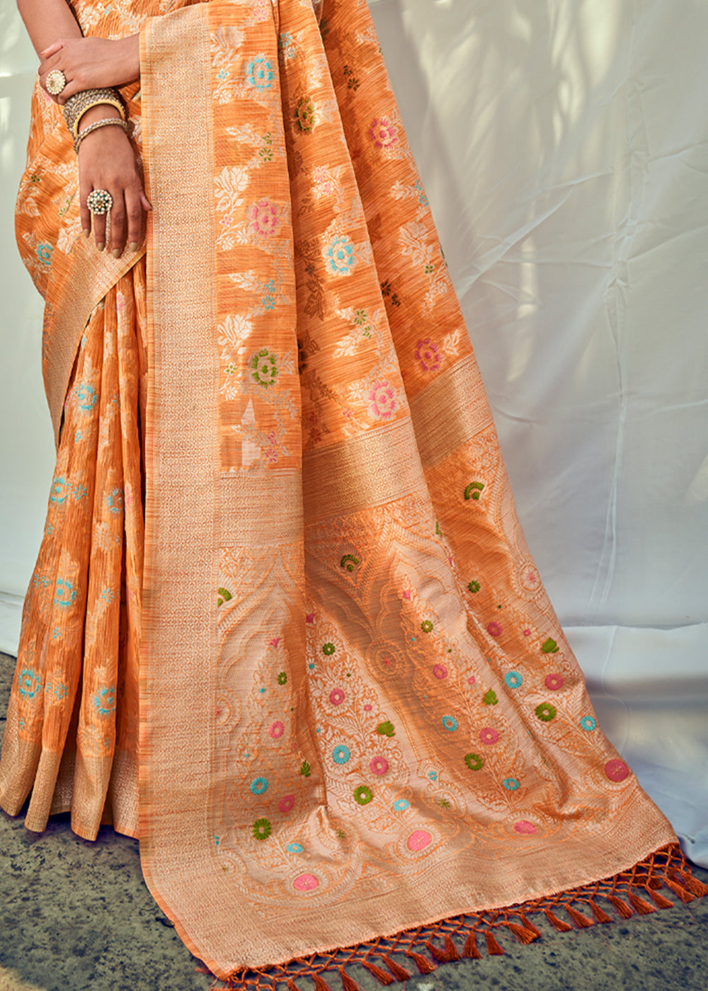 Buy MySilkLove Porsche Orange Zari Woven Banarasi Linen Saree Online