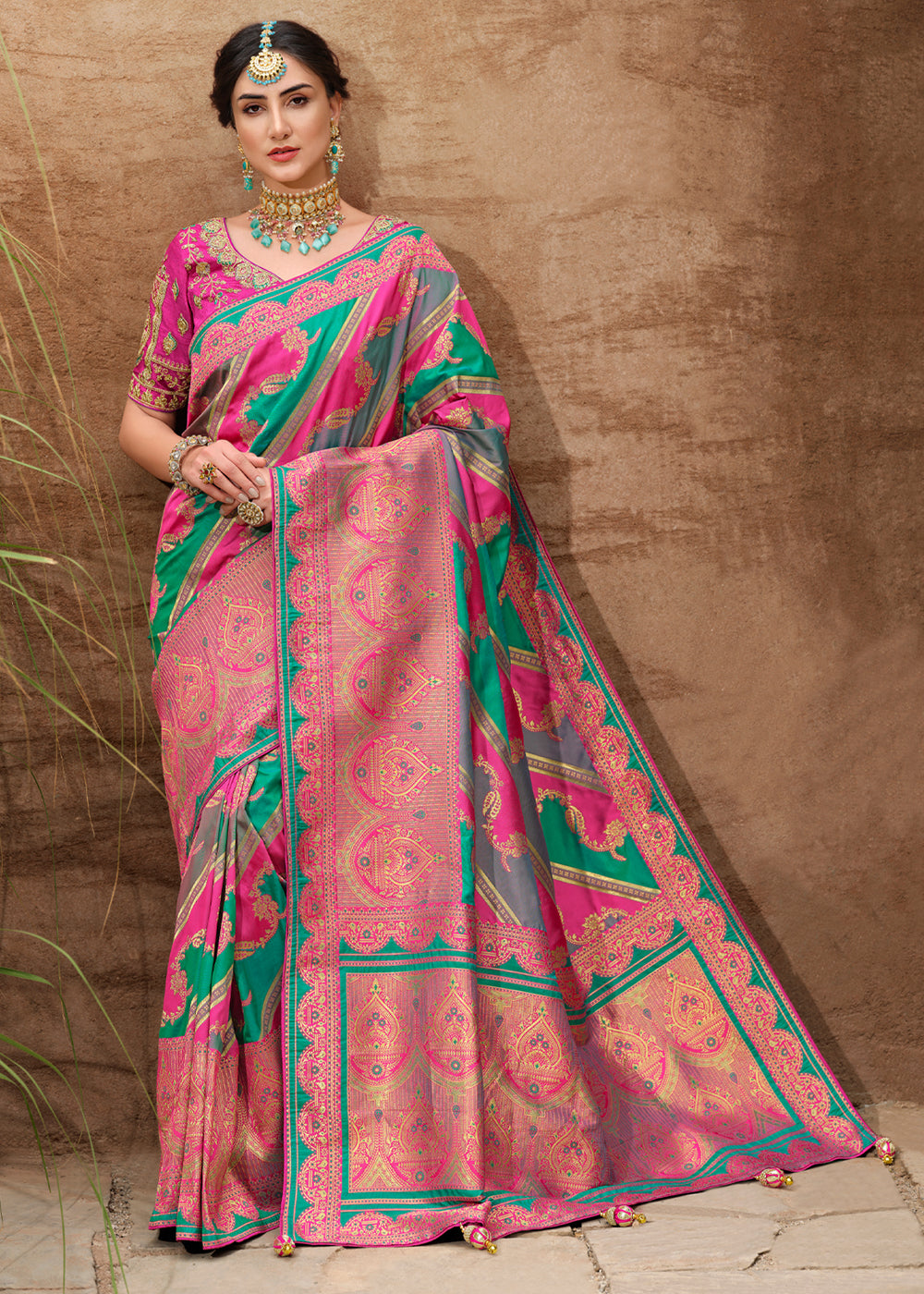 Buy MySilkLove Mandy Pink and Green Woven Designer Banarasi Silk Saree Online