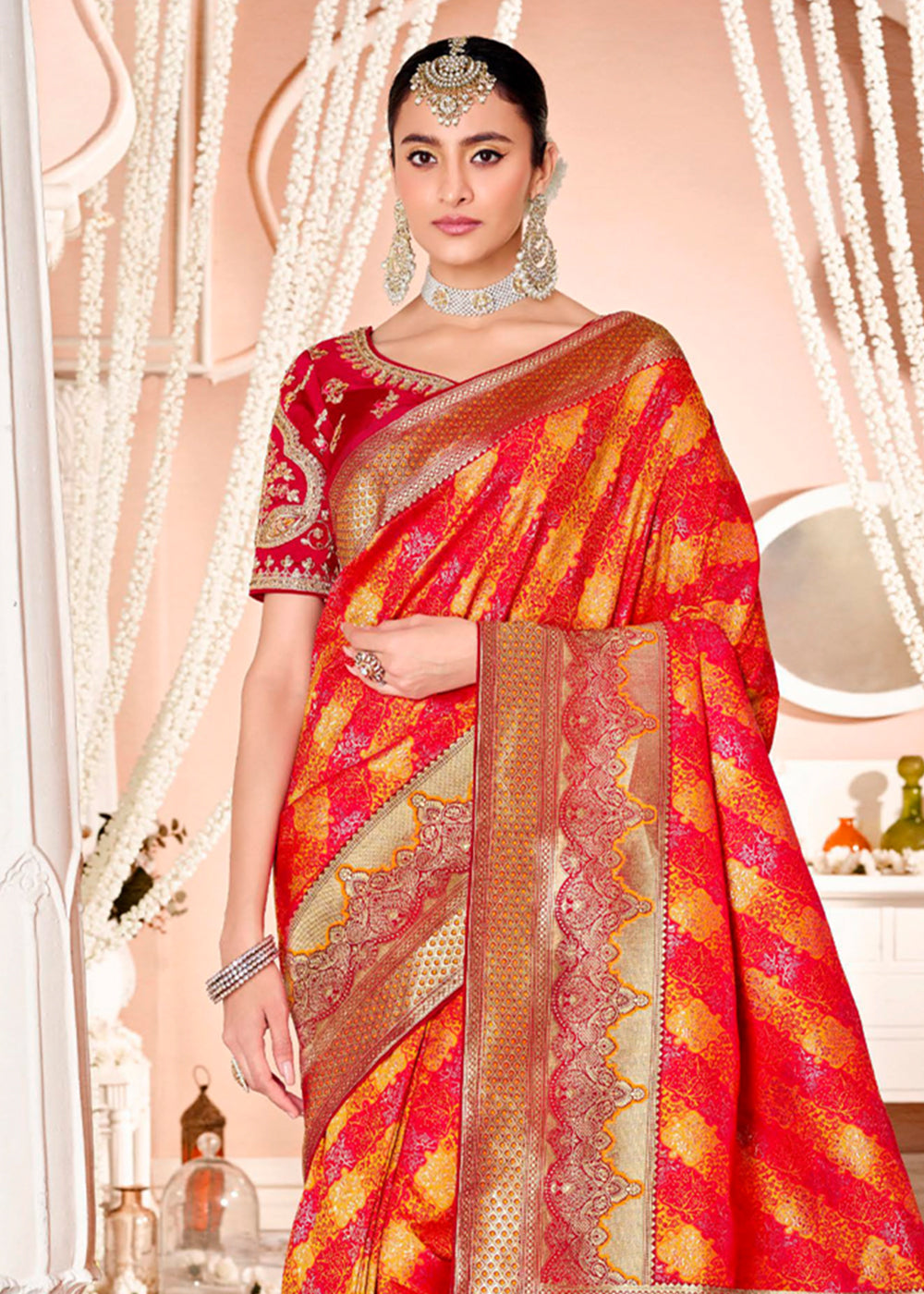 Buy MySilkLove Salmon Red Zari Woven Banarasi Saree with Designer Blouse Online